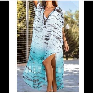 Teal and White Print Maxi Cover Up
